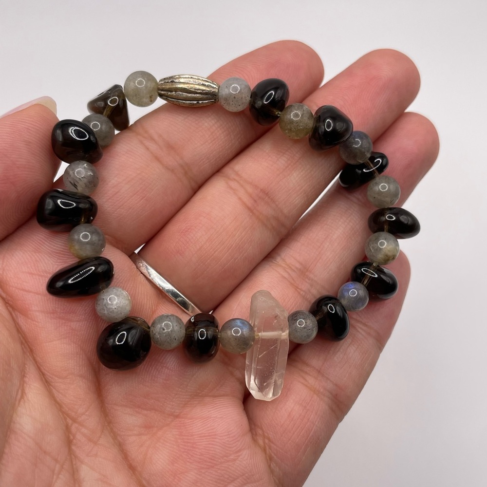 Labradorite, Smoky & Clear Quartz Crystal Stretch Bracelet